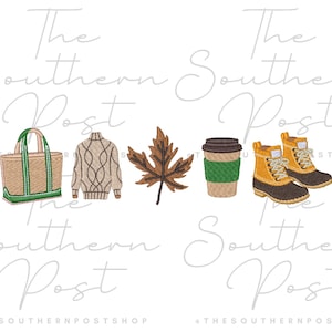 May include: An embroidery design featuring a tan tote bag with green trim, a beige cable knit sweater, a brown maple leaf, a tan coffee cup with a green sleeve, and a pair of tan and brown lace-up boots, with the text The Southern Post.