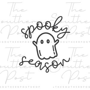 May include: Black and white graphic with the words "spooky season" in a cursive font, above a simple ghost illustration. The Southern Post shop logo is subtly repeated in the background.