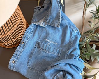Simple Personalized Denim Button Down, Bridal Party Shirts, Lightweight Shacket