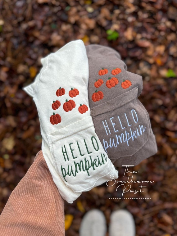 HELLO Pumpkin Embroidered Tee -- SHORT Sleeve, Comfort Colors Pocket Tee