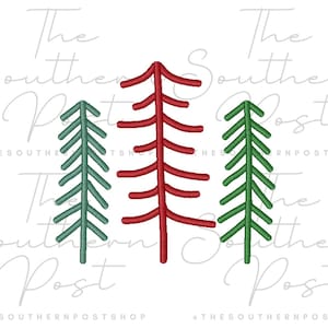 May include: An embroidered design featuring three stylized Christmas trees in green and red. The trees are arranged vertically against a white background. The text "The Southern Post" is visible in the background.