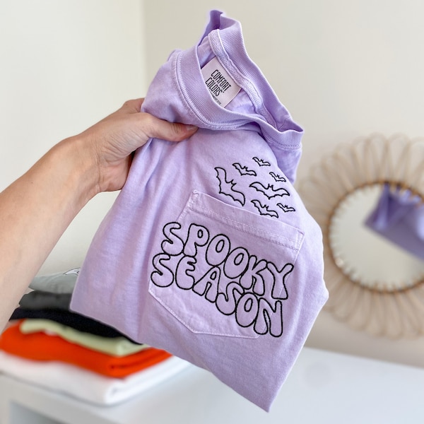 Spooky Season Pocket Tee -- Bats, Embroidered Halloween Shirt