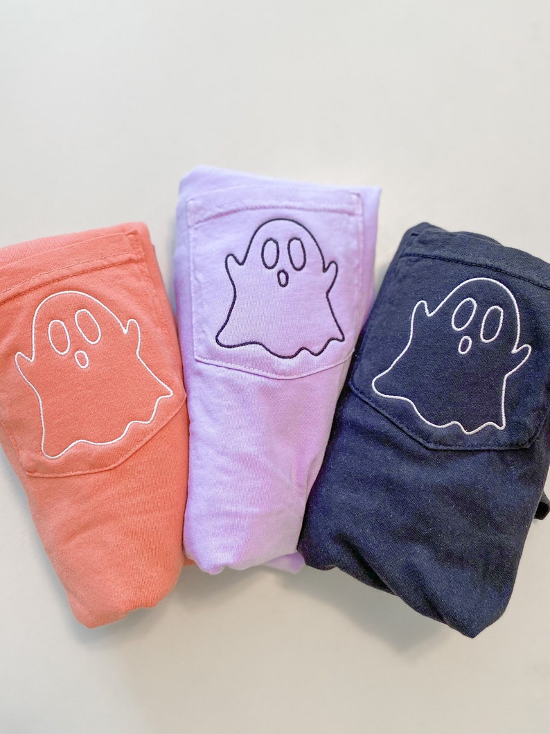 Ghost Pocket Tee NEW DESIGN, Embroidered, Spooky Season, Comfort Colors, Halloween Shirt image 1