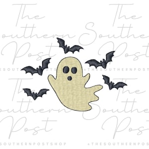 May include: An embroidery design featuring a central cream-colored ghost with dark eyes and a mouth, surrounded by five small black bats in flight. The text The Southern Post and THESOUTHERNPOSTSHOP is visible in the background as a watermark.