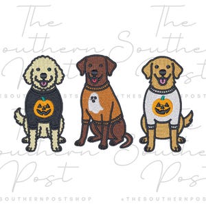May include: Three embroidered dog designs. A cream-colored dog wears a black sweater with a jack-o'-lantern. A brown dog wears an orange sweater with a ghost. A golden dog wears a white sweater with a jack-o'-lantern. The text "The Southern Post" is in the background.