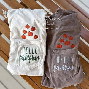 May include: Two t-shirts with a pocket on the front. The pocket has the text "Hello Pumpkin" embroidered on it. The t-shirts are in different colors, one is white and the other is brown. Both t-shirts have embroidered pumpkins on the pocket.