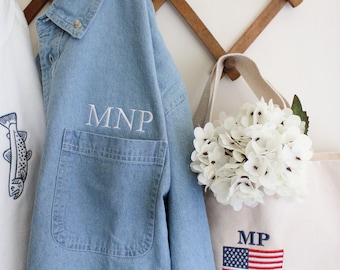 Simple Monogram Denim Button Down, Bridal Party Shirts, Lightweight Shacket