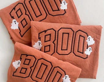 Boo + Ghosts Embroidered Tee -- Halloween Shirt, Short Sleeve, Comfort Colors