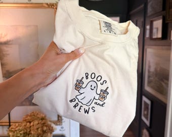 Boos and Brews Embroidered Tee -- Comfort Colors, Short Sleeved, Halloween Tee