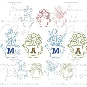 May include: A set of nine embroidery designs featuring a watering can with flowers and a letter inside. The designs are in various colors, including blue, green, and red.