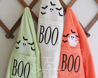 BOO Ghost + Bats Pocket Tee -- Add Your Monogram!, Embroidered Halloween Shirt