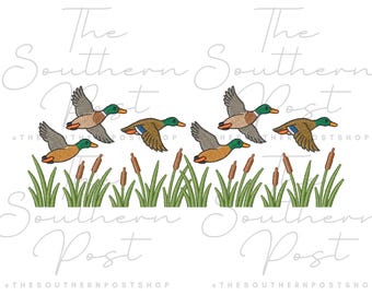 May include: Embroidered design featuring six ducks in flight above cattails and tall grass. The ducks have brown, gray, and green coloring. The text "The Southern Post" and "@thesouthernpostshop" are also visible.