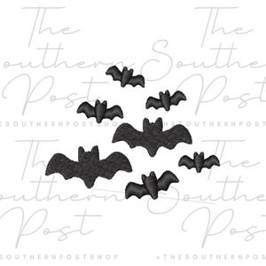 May include: An embroidery design featuring a cluster of six black bats in various sizes and flight positions. The text The Southern Post and THESOUTHERNPOSTSHOP is repeated in a light gray watermark across the background of the image.