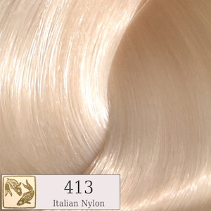 May include: A close-up of a light beige hair color sample with the number 413 and the text "Italian Nylon".
