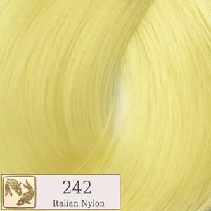 May include: A close-up of a bright yellow hair extension. The hair is smooth and silky. The label reads "242 Italian Nylon".