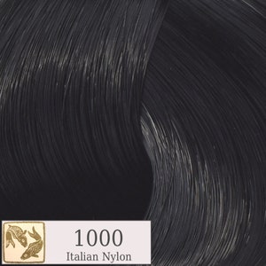 May include: Close-up of a bundle of black Italian nylon fibers. The fibers are tightly packed and have a smooth, shiny texture. A white rectangle with the number "1000" and the text "Italian Nylon" is in the lower left corner.