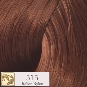 May include: A close-up of a hair color swatch, showing a rich, warm copper brown shade. The swatch is labeled "515 Italian Nylon".