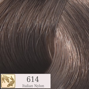 May include: A close-up of a dark brown hair color swatch. The swatch is labeled "614 Italian Nylon".