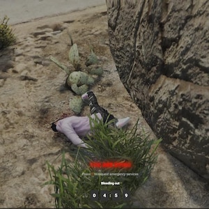 Puede incluir: Una escena que muestra a una persona tendida en el suelo cerca de una roca y un cactus. El texto "Bleeding out" es visible, junto con un temporizador. La persona lleva una camisa rosa y pantalones con estampado en blanco y negro.
