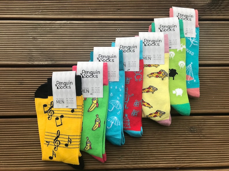 Pizza socks Umbrella socks Week socks pack 7 Funny socks for Men Banana socks Sheep socks Math socks Stone Age socks Music socks