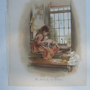 A STITCH IN TIME Vintage 1890&#39;s D. Lothrop Litho Print Picture 8x10