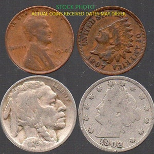 Old USA Coins Lot (4) Includes Indian Head Penny, Wheat Penny, Liberty V Nickel, & Buffalo Nickel