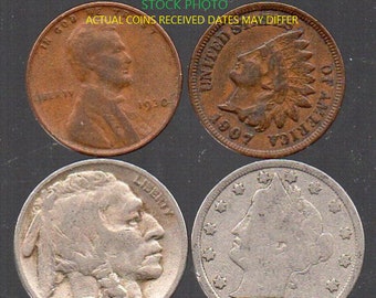 Old USA Coins Lot (4) Includes Indian Head Penny, Wheat Penny, Liberty V Nickel, & Buffalo Nickel