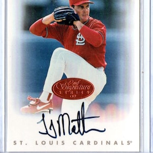Tarjeta de béisbol con autógrafo de bronce de T.J. MATHEWS 1996 Leaf Signature - St Louis Cardinals
