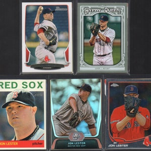 May include: A collection of five baseball trading cards featuring Jon Lester, a pitcher for the Boston Red Sox. The cards are from different sets, including Gypsy Queen, Heritage, and Chrome.