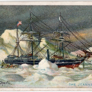 May include: Vintage illustration of a ship, possibly a sailing vessel, navigating icy waters. The ship has multiple masts and rigging, with an American flag. The artwork is signed "A. Operti" and labeled "THE JEANNETTE".