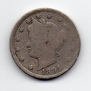 Vintage 1891 US Liberty Head V Nickel (A) Coin