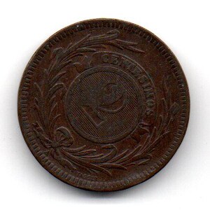 May include: A copper-colored coin with the text "CENTAVOS" around the edge and a large "1" in the center.