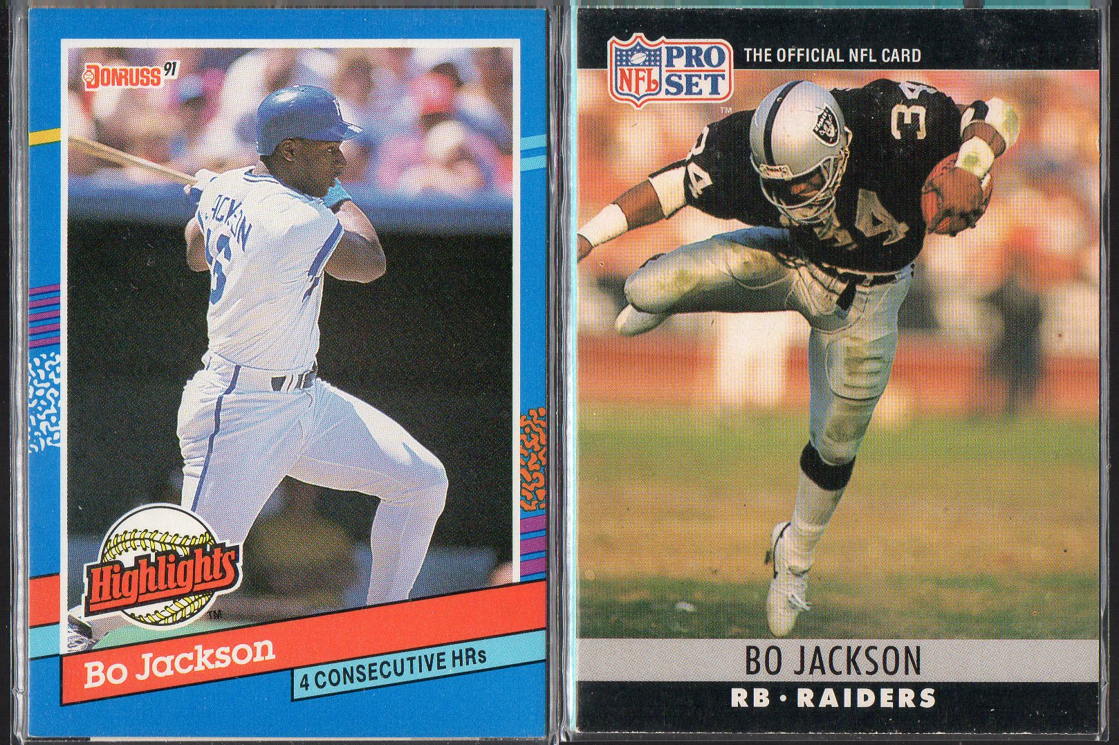 BO JACKSON 1990's Baseball & Football Cards (2) Lot B