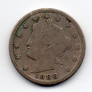 Vintage 1888 US Liberty Head V Nickel Coin