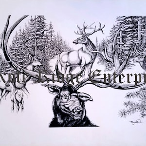 15.75&quot;x 24&quot; Black and White Elk Print