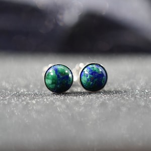 Azurite Malachite Sterling Silver post Earrings with Azurite Malachite  cabochon , 6 mm round cabochon,azurite Malachite stud earrings