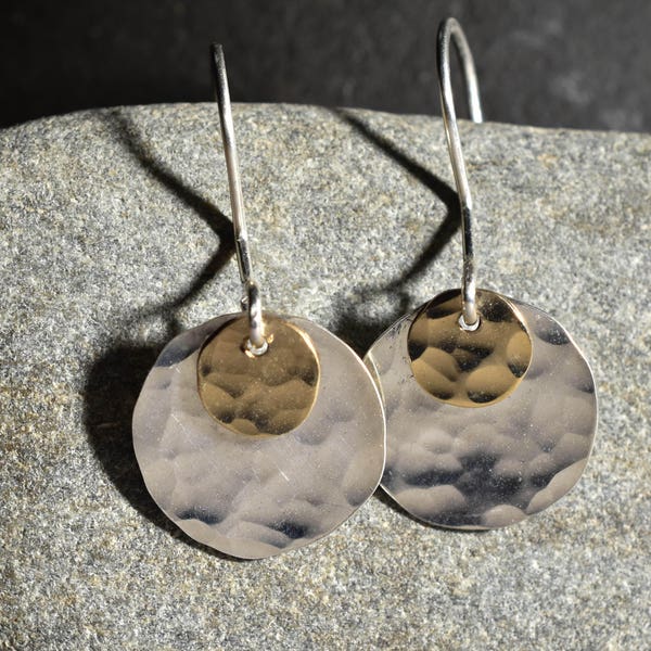 Hammered Disc Mixed Metal Earrings, Sterling Silver and gold filled, Hammered Earrings, High Polish, Leaf Earrings, Ready to Ship