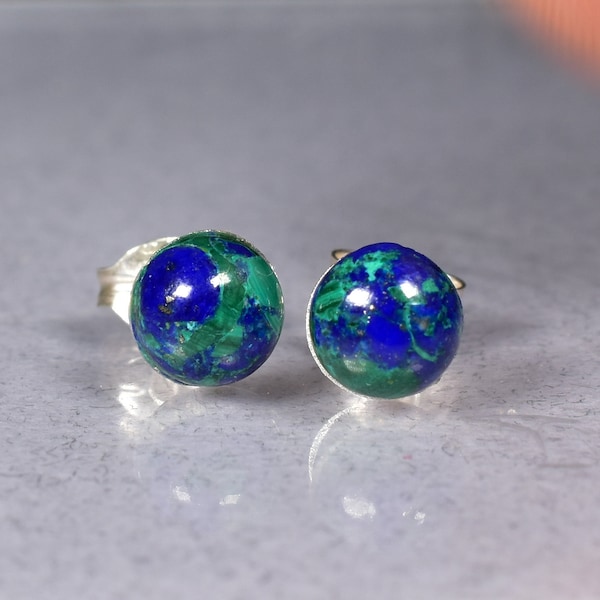 Azurite Malachite Sterling Silver post Earrings with Azurite malachite  cabochon , 6 mm round cabochon,azurite malachite stud earrings