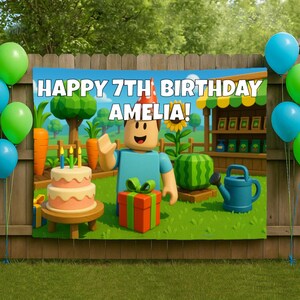 May include: A vibrant birthday banner with the message "HAPPY 7TH BIRTHDAY AMELIA!" depicts a cartoon character, cake, and presents. Green and blue balloons adorn the scene, set against a wooden fence and green grass.
