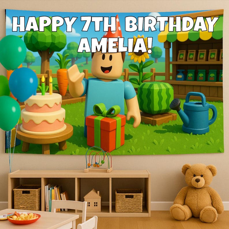 May include: A birthday banner with the text "HAPPY 7TH BIRTHDAY AMELIA!" features a cartoon character, cake, balloons, and a gift. The scene is set in a garden with a watermelon, sunflower, and watering can. Green, blue, orange, and red colors dominate the design.