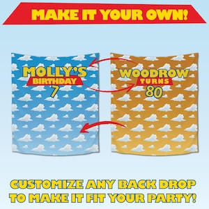 May include: Two customisable backdrop designs for a party. The first design is blue with white clouds and says "Molly's Birthday 7". The second design is orange with white clouds and says "Woodrow Turns 80".