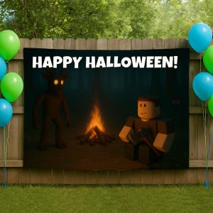 May include: A black banner with the text "HAPPY HALLOWEEN!" depicts a campfire scene with two cartoon figures and a forest backdrop. Green and blue balloons are attached to the banner. The banner is displayed on a wooden fence.