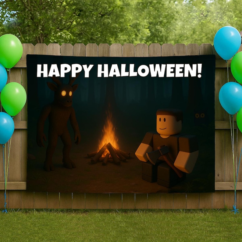 May include: A black banner with the text "HAPPY HALLOWEEN!" depicts a campfire scene with two cartoon figures and a forest backdrop. Green and blue balloons are attached to the banner. The banner is displayed on a wooden fence.