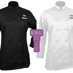 May include: Two white chef jackets with black buttons and a black embroidered name tag that says "Chef Name". The jacket on the left is black with a white embroidered name tag that says "Chef Morgan".