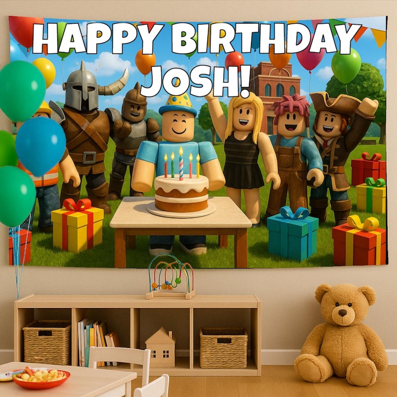 May include: A birthday banner with the text "HAPPY BIRTHDAY JOSH!" features cartoon characters, balloons, and a cake with candles. The scene includes gift boxes and a green grassy background, creating a festive atmosphere.