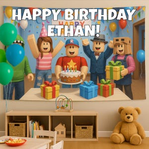 May include: A birthday banner reading "HAPPY BIRTHDAY ETHAN!" is shown, with cartoon characters, balloons, and presents. A table displays a cake with lit candles and wrapped gifts. A teddy bear is positioned nearby in the room.