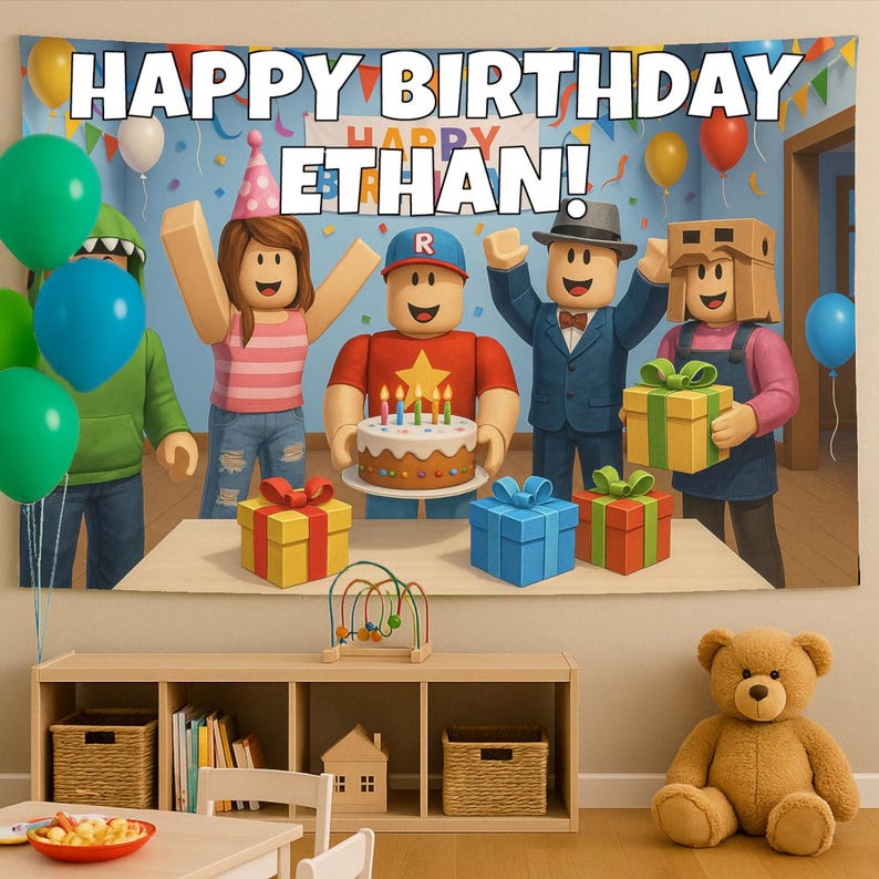 May include: A birthday banner reading "HAPPY BIRTHDAY ETHAN!" is shown, with cartoon characters, balloons, and presents. A table displays a cake with lit candles and wrapped gifts. A teddy bear is positioned nearby in the room.
