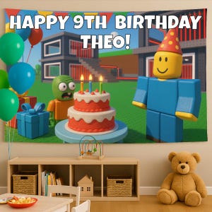 May include: A birthday banner with the text "HAPPY 9TH BIRTHDAY THEO!" features a cartoon character, cake, and balloons. The banner is decorated with a Roblox-themed design, including a character wearing a party hat. The cake has three candles.