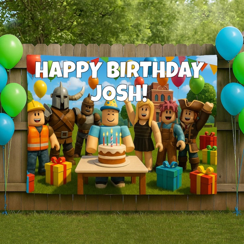 May include: A birthday banner reading "HAPPY BIRTHDAY JOSH!" displays cartoon characters, balloons, and a cake. The scene includes gift boxes and is set against a green lawn and wooden fence, with green and blue balloons.