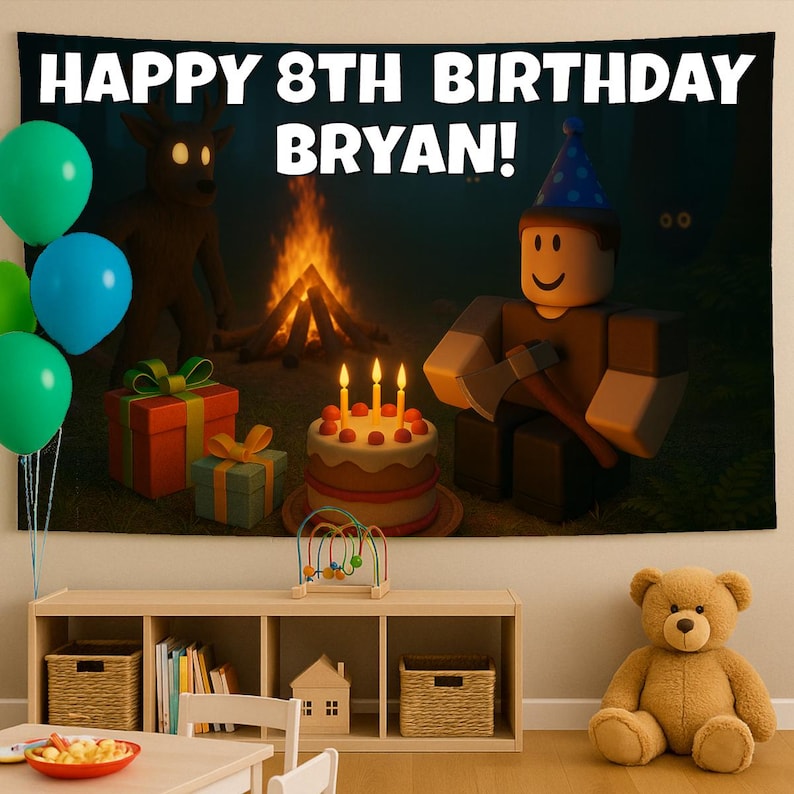 May include: A birthday banner with the text "HAPPY 8TH BIRTHDAY BRYAN!" features a cartoon character with an axe, a campfire, a cake with candles, and wrapped gifts. Green and blue balloons are in the foreground.